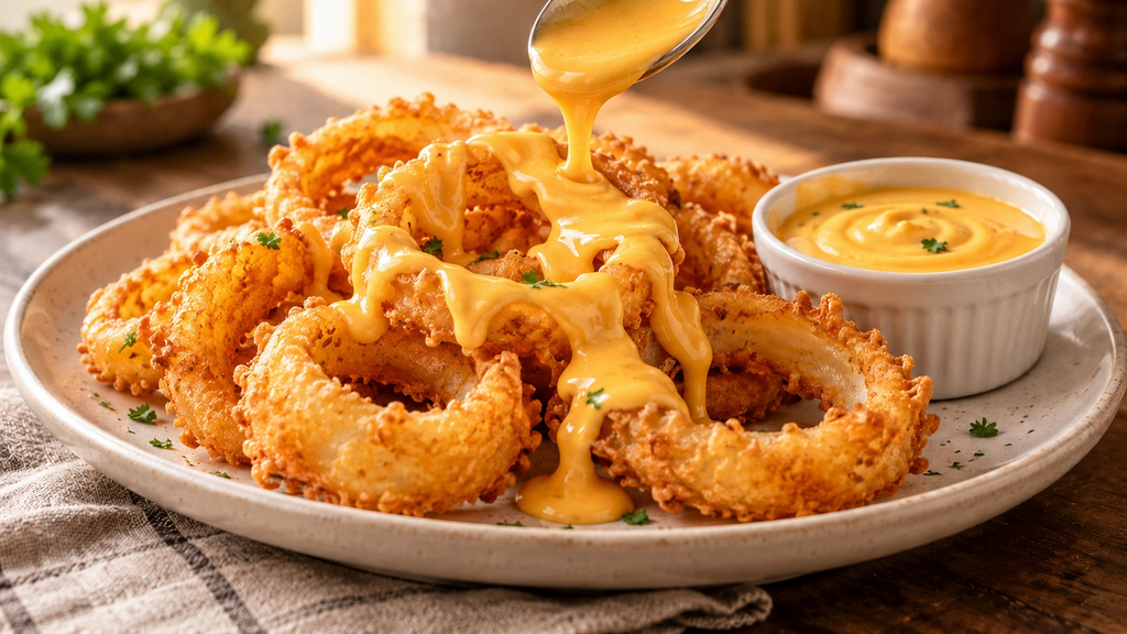 หอมหัวใหญ่ทอด Onion Rings สีเหลืองทอง ราดชีสดิปบนจาน พร้อมถ้วยชีสดิปด้านข้าง